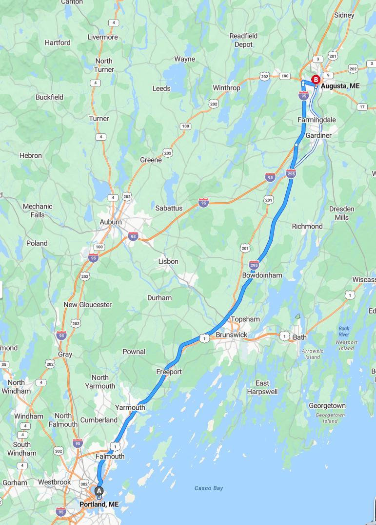 driving from Portland, Maine to AugustaMaine - map and route