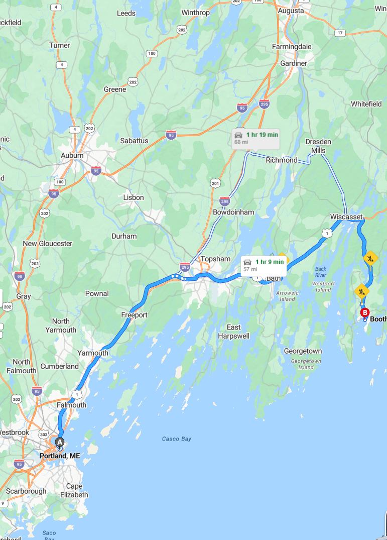 driving from Portland, Maine to Boothbay HarborMaine - map and route