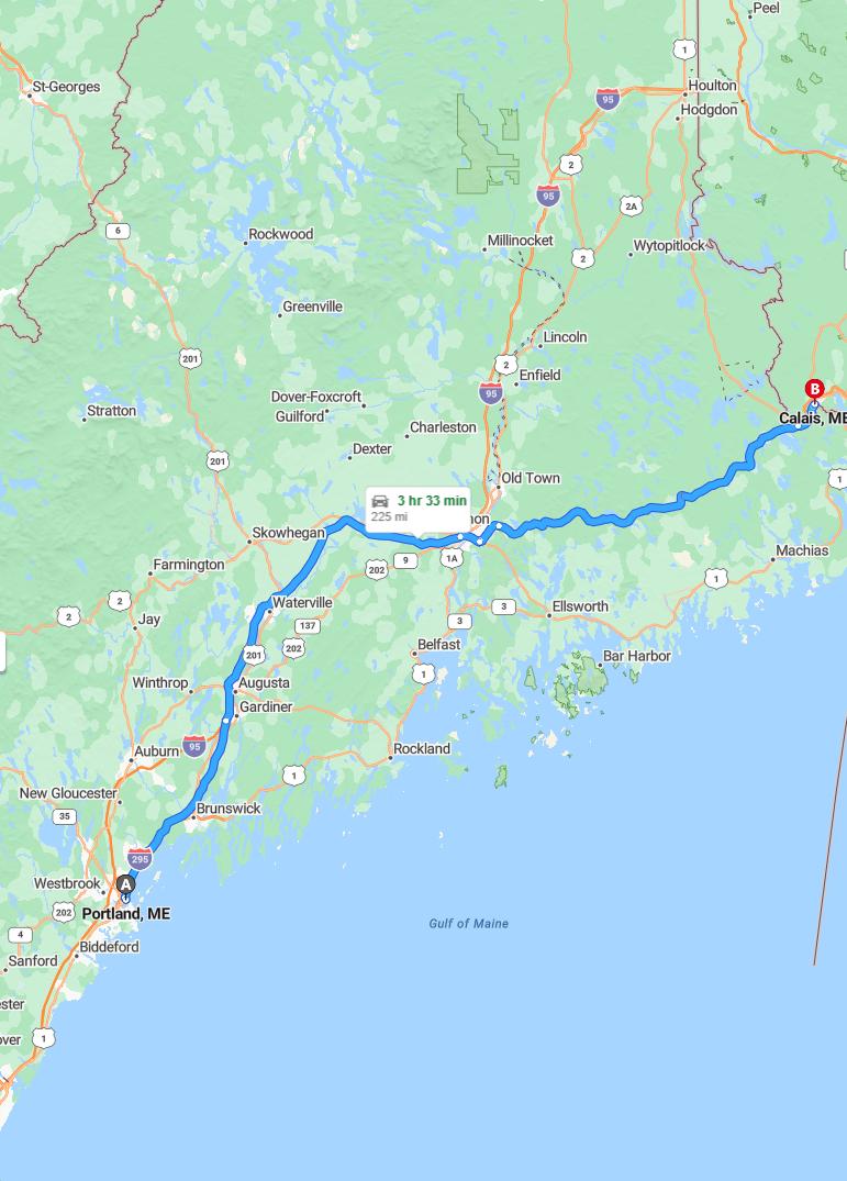 driving from Portland, Maine to CalaisMaine - map and route