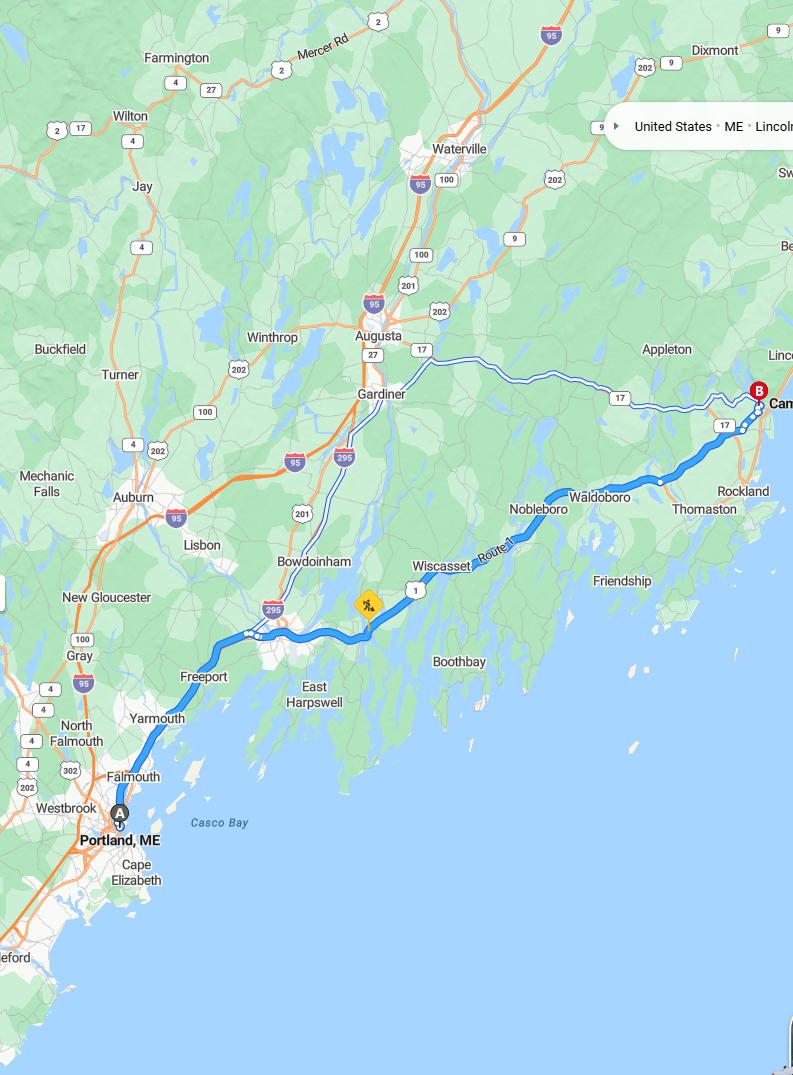 driving from Portland, Maine to CamdenMaine - map and route