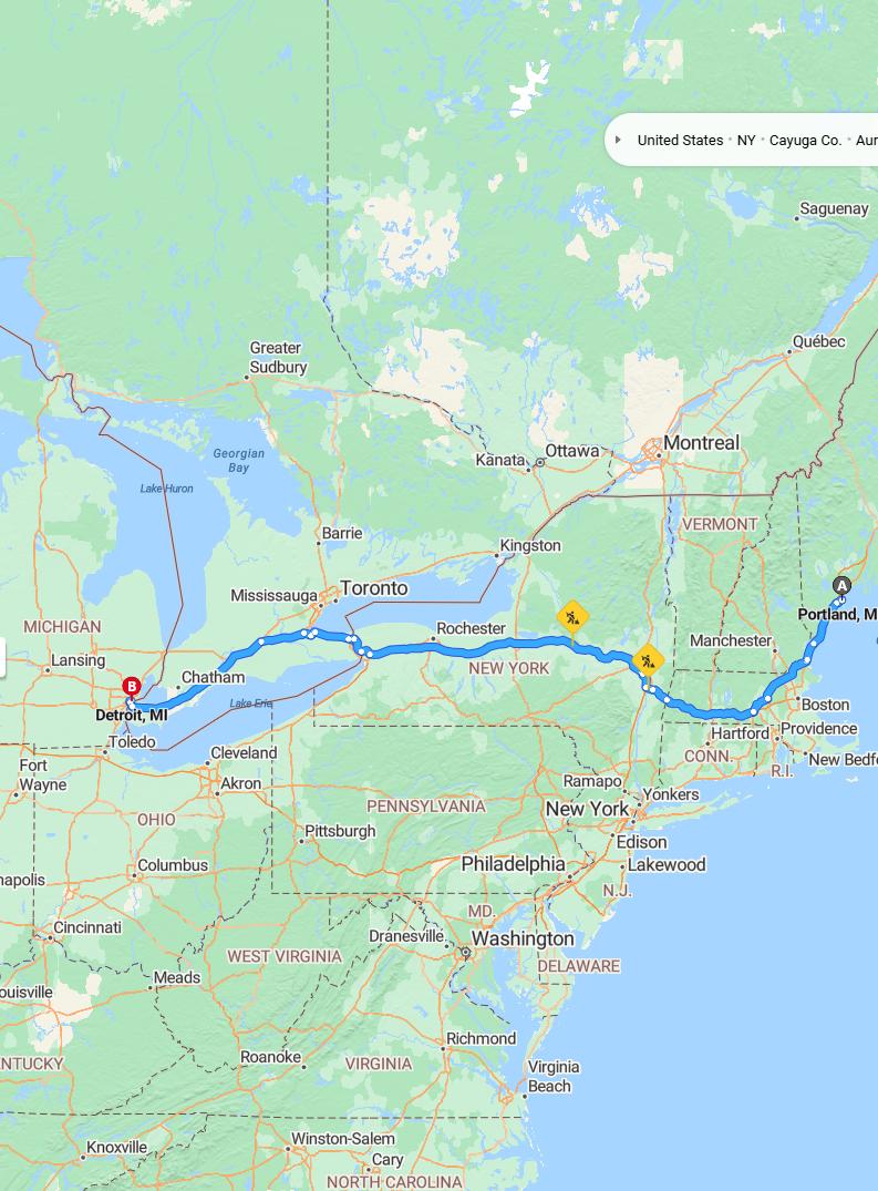 driving from Portland, Maine to DetroitMichigan - map and route