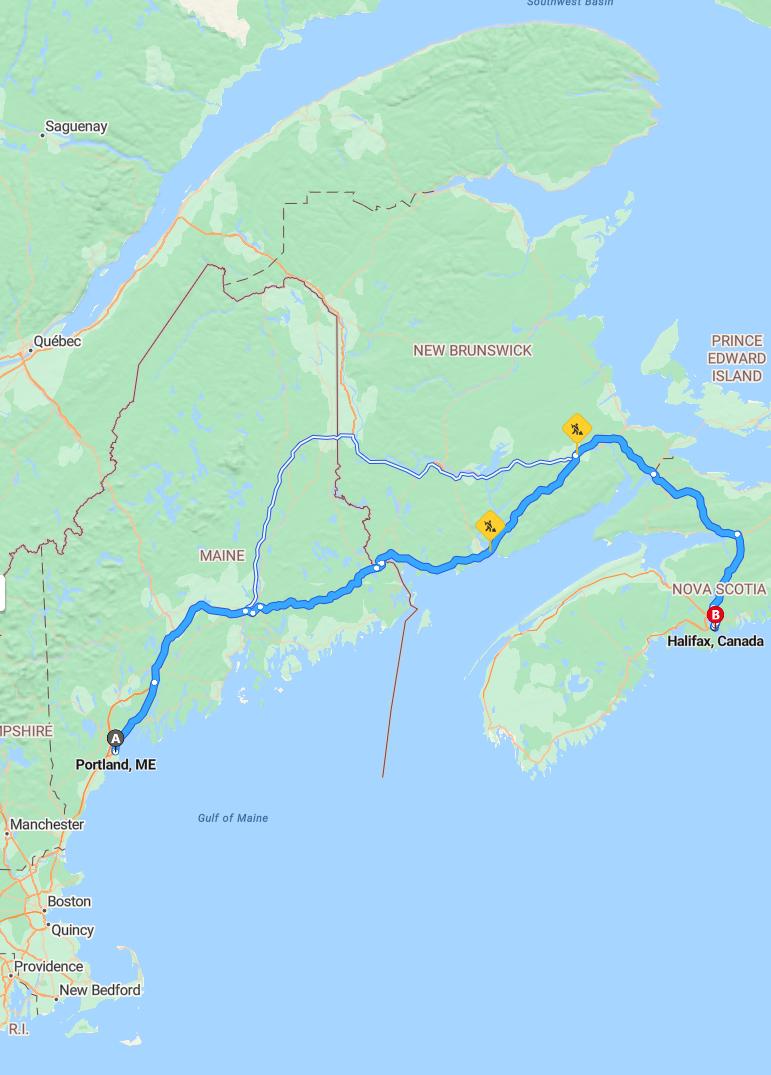 driving from Portland, Maine to HalifaxNova Scotia - map and route