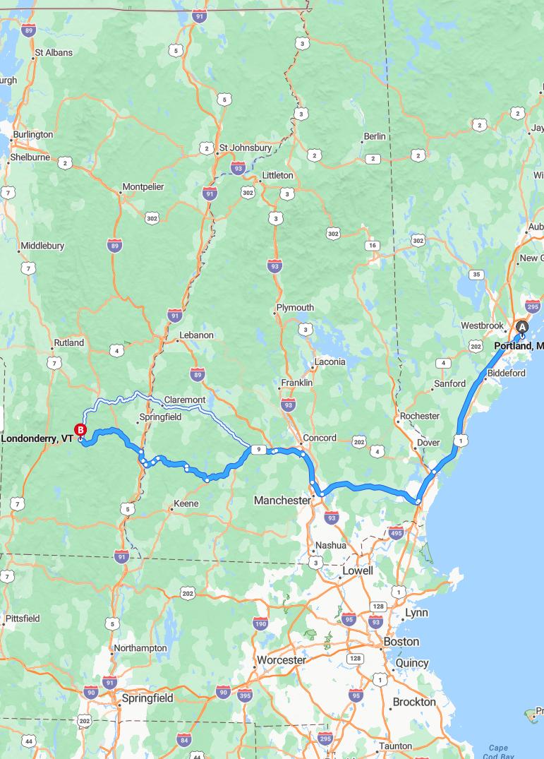 driving from Portland, Maine to LondonberryVermont - map and route