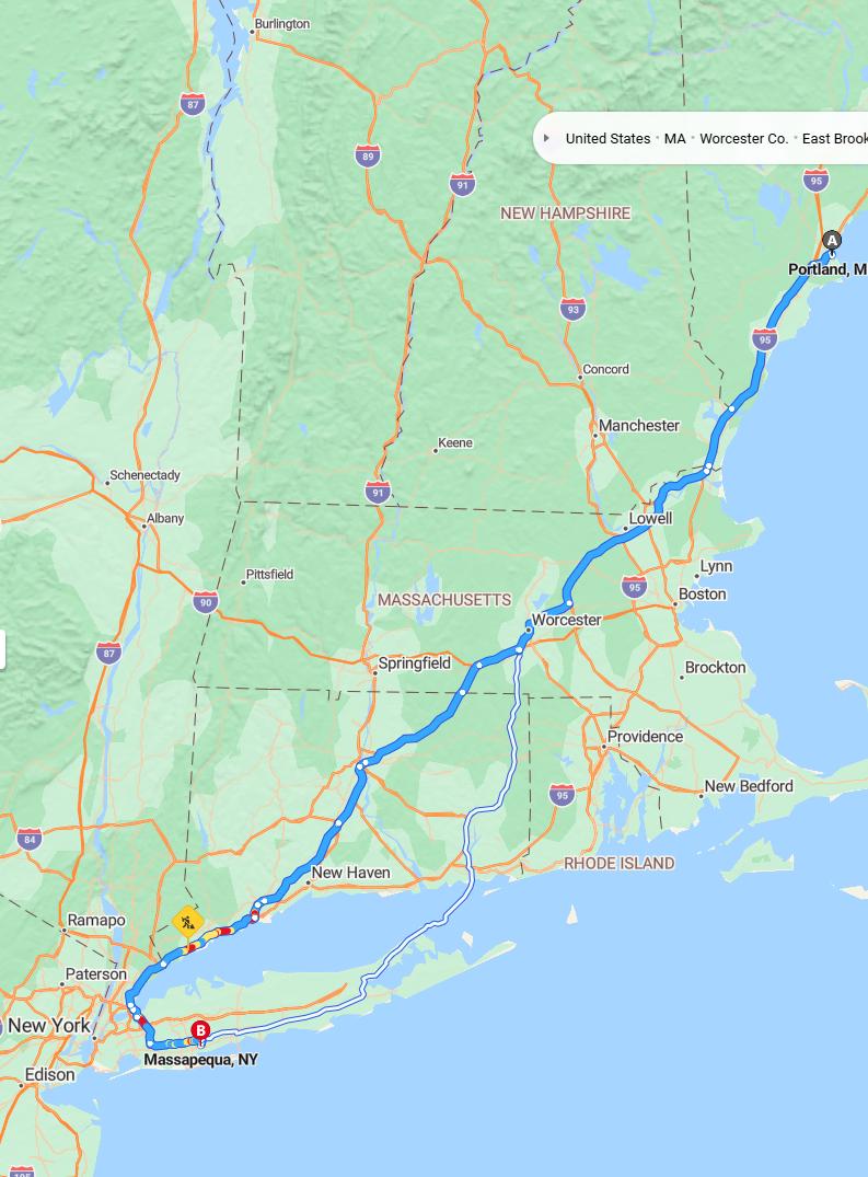 driving from Portland, Maine to MassapequaNew York - map and route