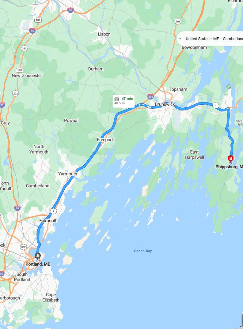 driving from Portland, Maine to PhippsburgMaine - map and route