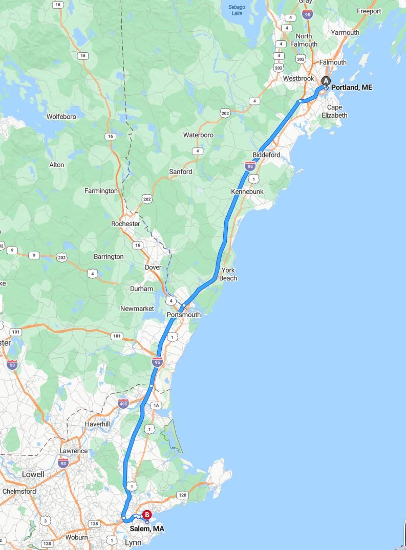 driving from Portland, Maine to SalemMassachusetts - map and route