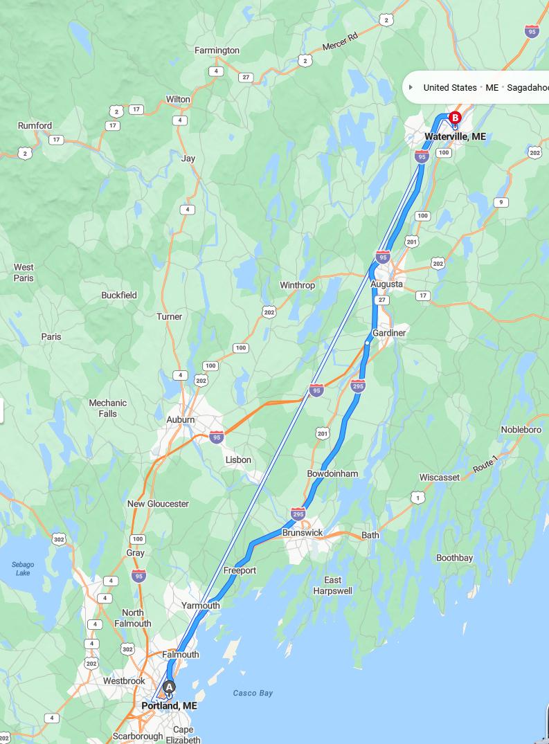 driving from Portland, Maine to WatervilleMaine - map and route