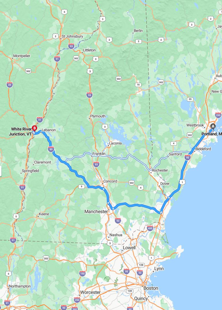 driving from Portland, Maine to White River JunctionVermont - map and route