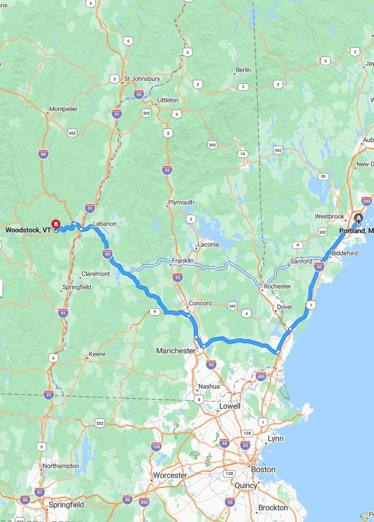 driving from Portland, Maine to WoodstockVermont - map and route