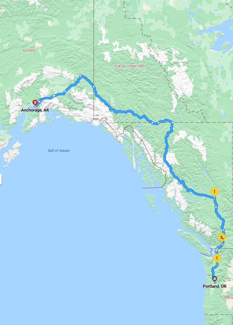 driving from Portland, Oregon to AnchorageAlaska - map and route