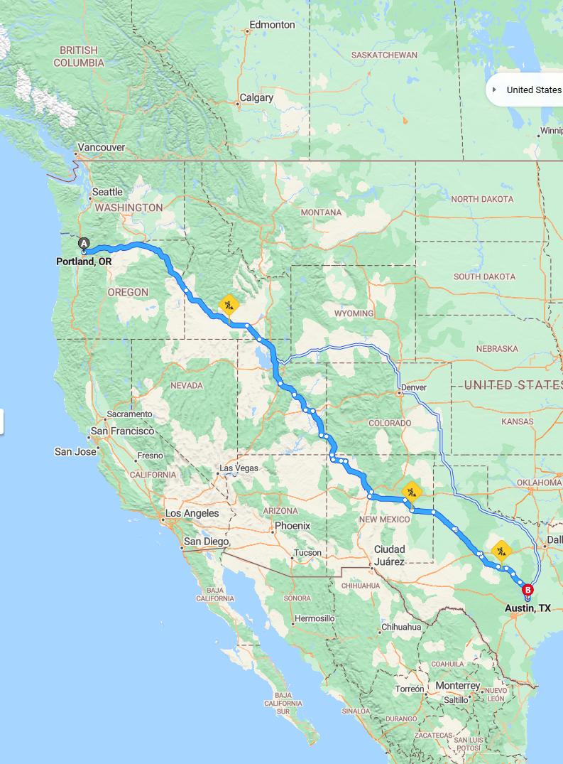 driving from Portland, Oregon to AustinTexas - map and route