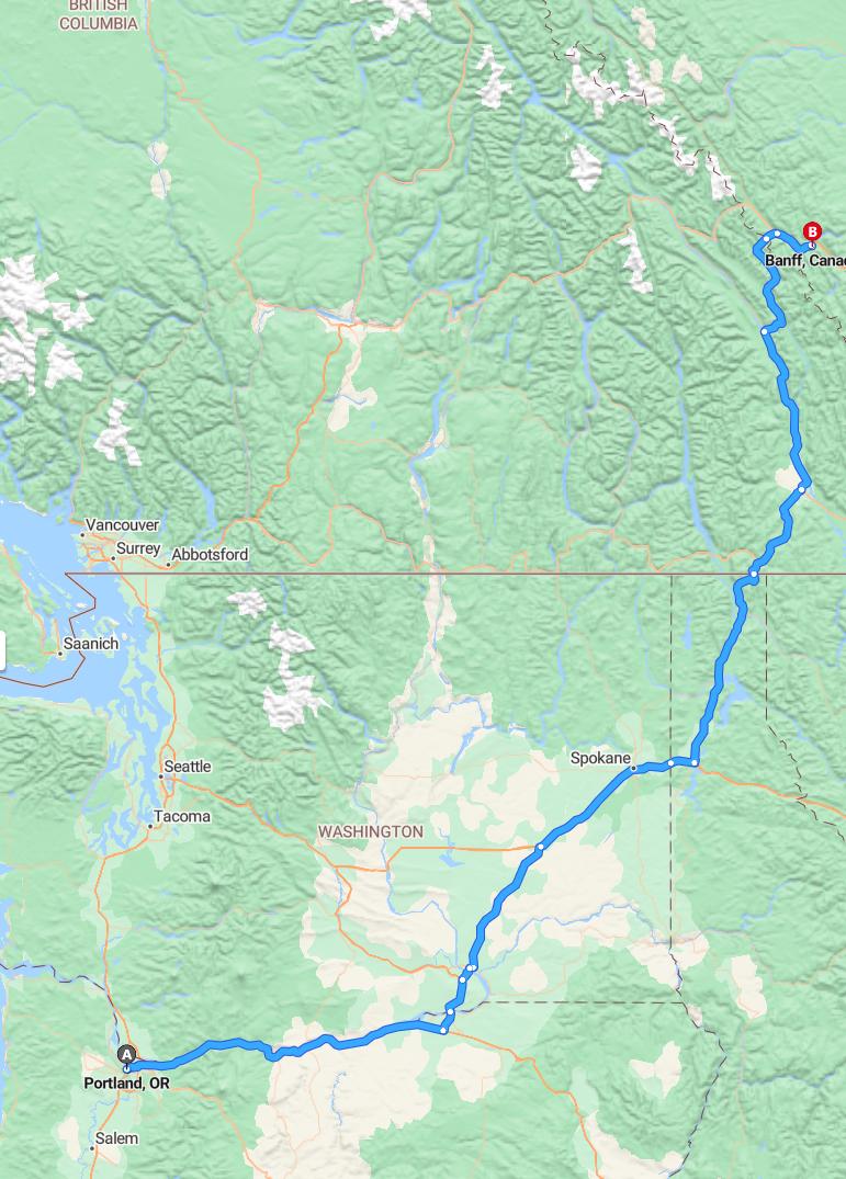 driving from Portland, Oregon to BanffAlberta - map and route