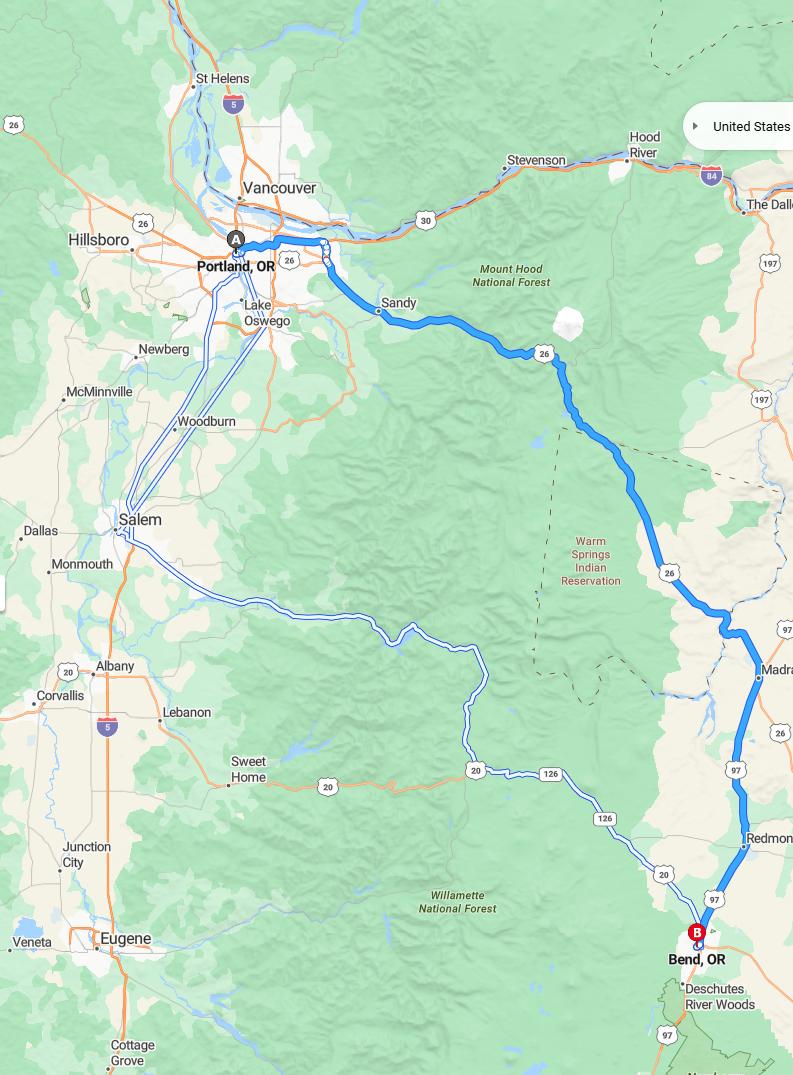 driving from Portland, Oregon to BendOregon - map and route