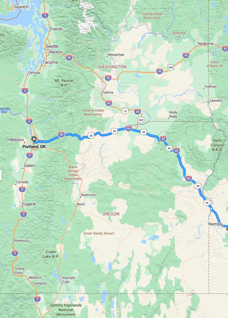 driving from Portland, Oregon to BoiseIdaho - map and route