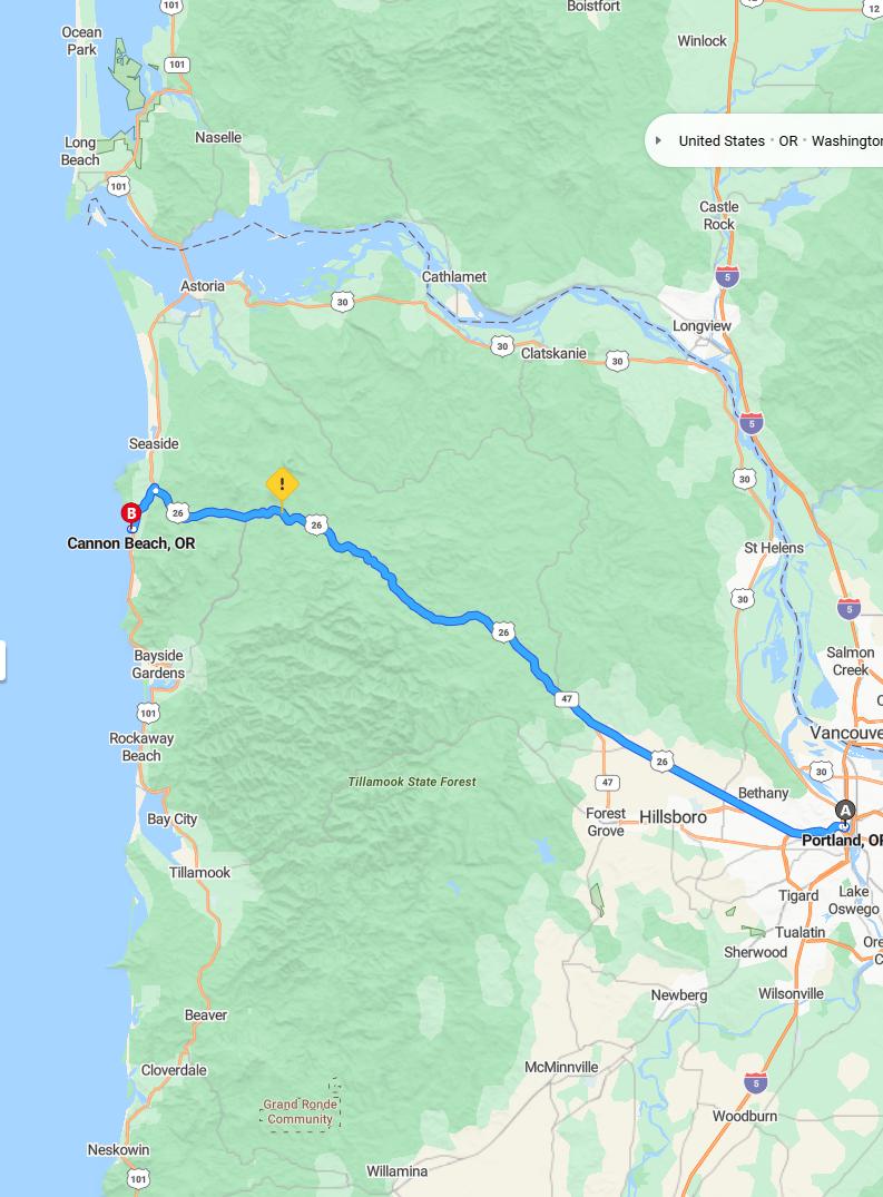 driving from Portland, Oregon to Cannon BeachOregon - map and route