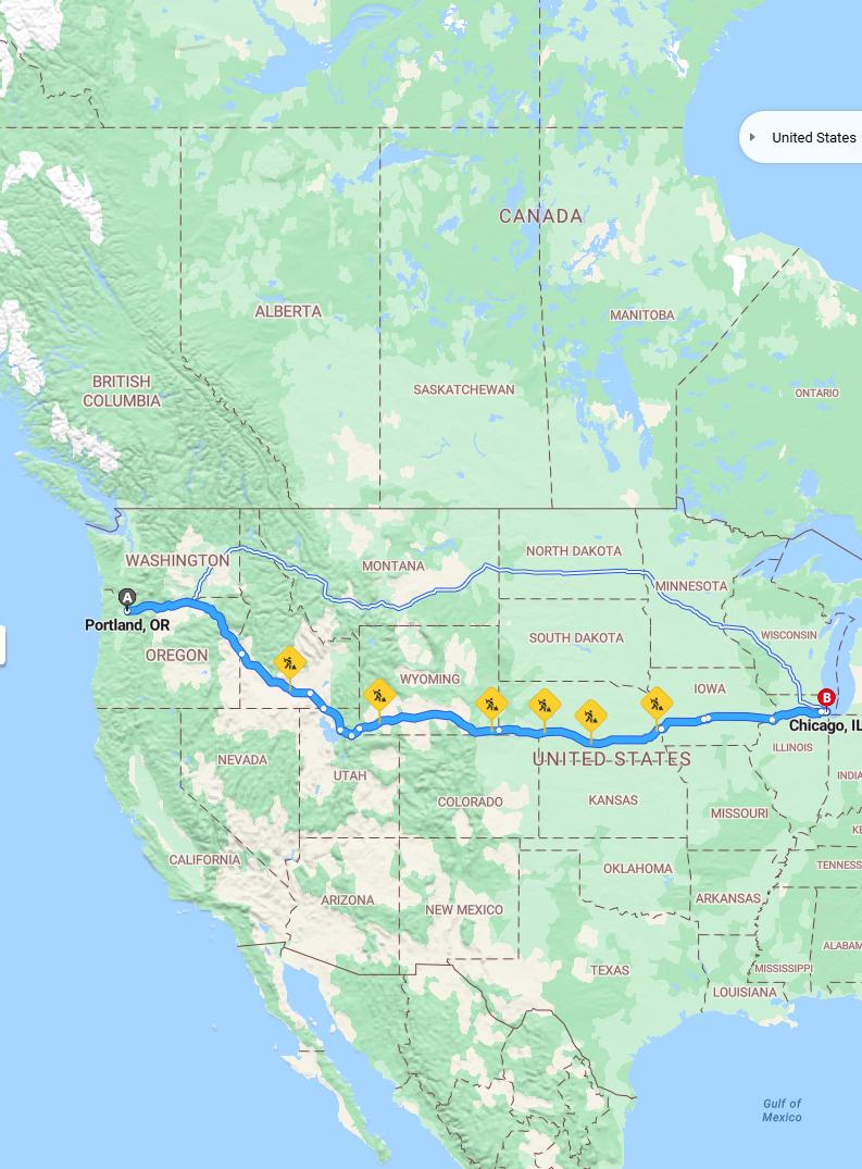 driving from Portland, Oregon to ChicagoIllinois - map and route