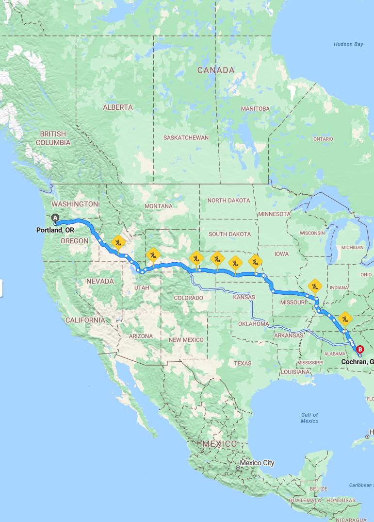 driving from Portland, Oregon to CochranGeorgia - map and route