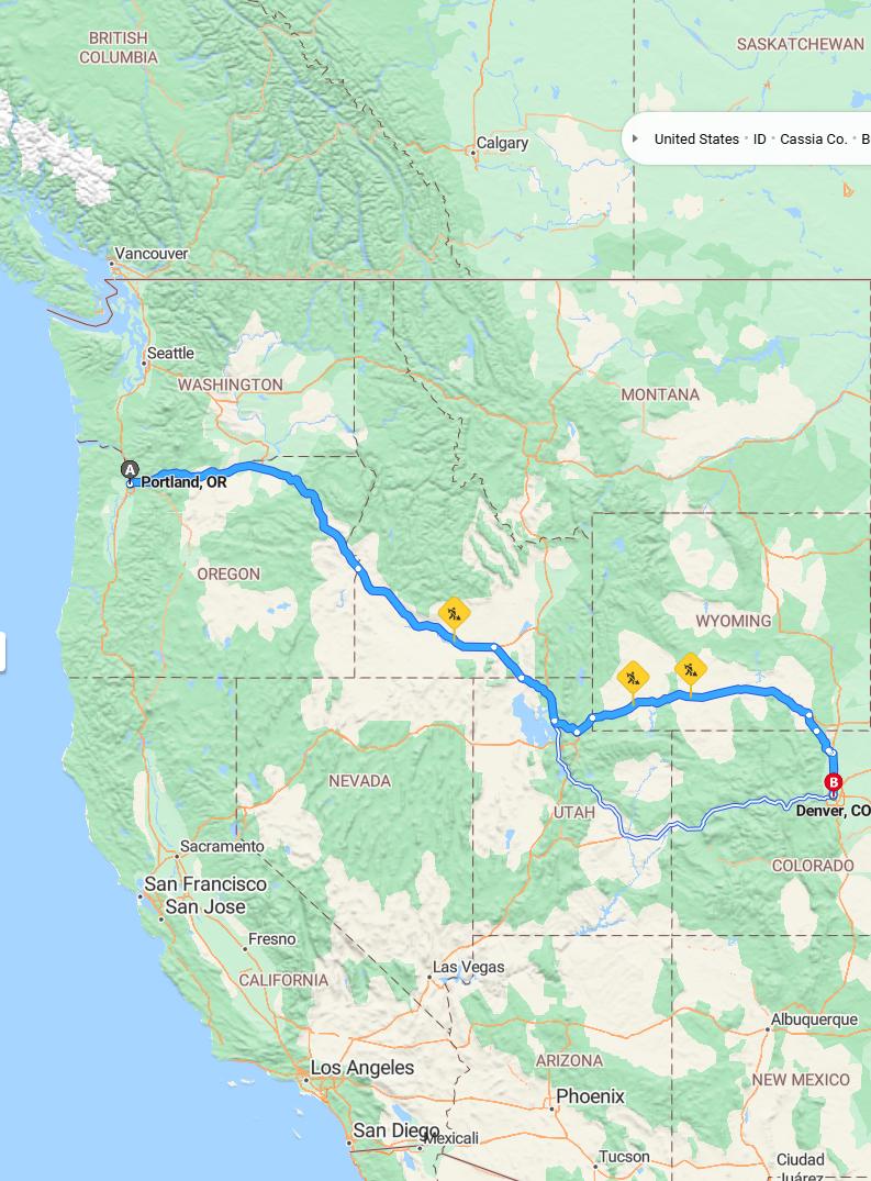 driving from Portland, Oregon to DenverColorado - map and route