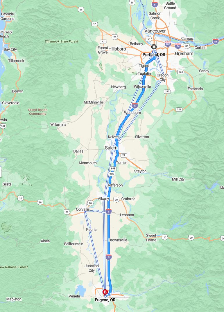 driving from Portland, Oregon to EugeneOregon - map and route