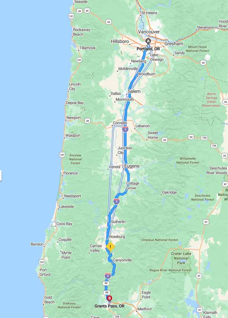 driving from Portland, Oregon to Grants PassOregon - map and route