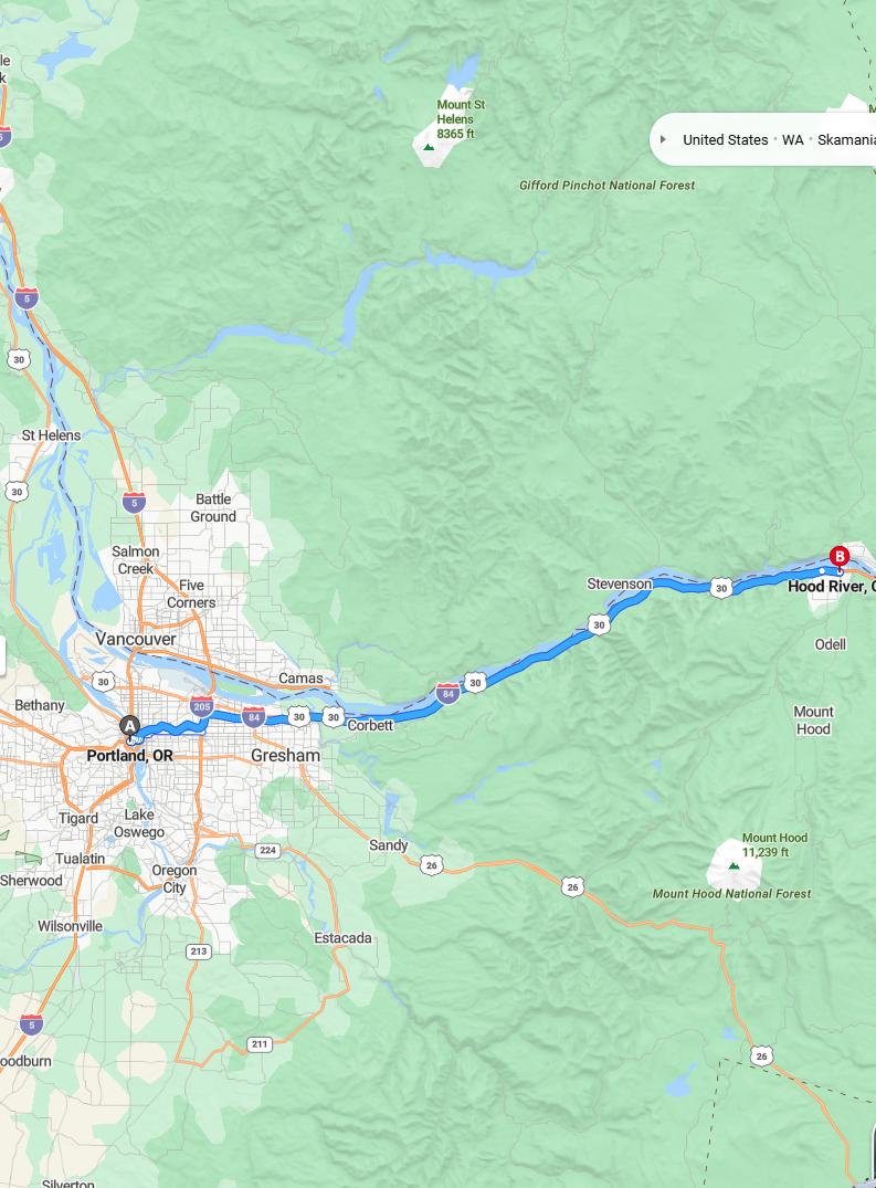 driving from Portland, Oregon to Hood RiverOregon - map and route