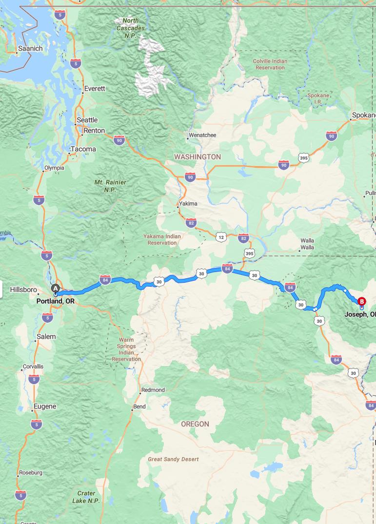 driving from Portland, Oregon to JosephOregon - map and route