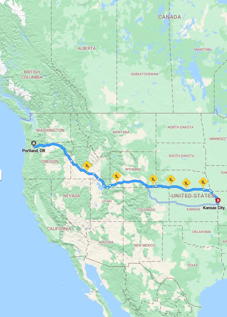 driving from Portland, Oregon to Kansas CityMissouri - map and route