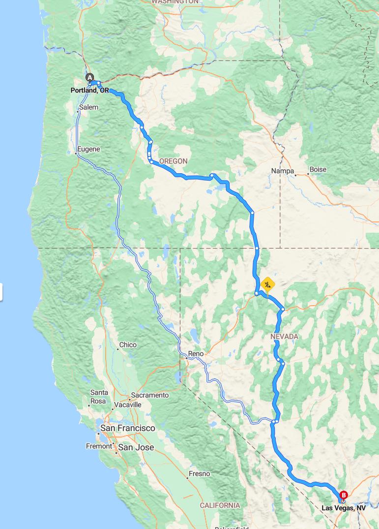 driving from Portland, Oregon to Las VegasNevada - map and route