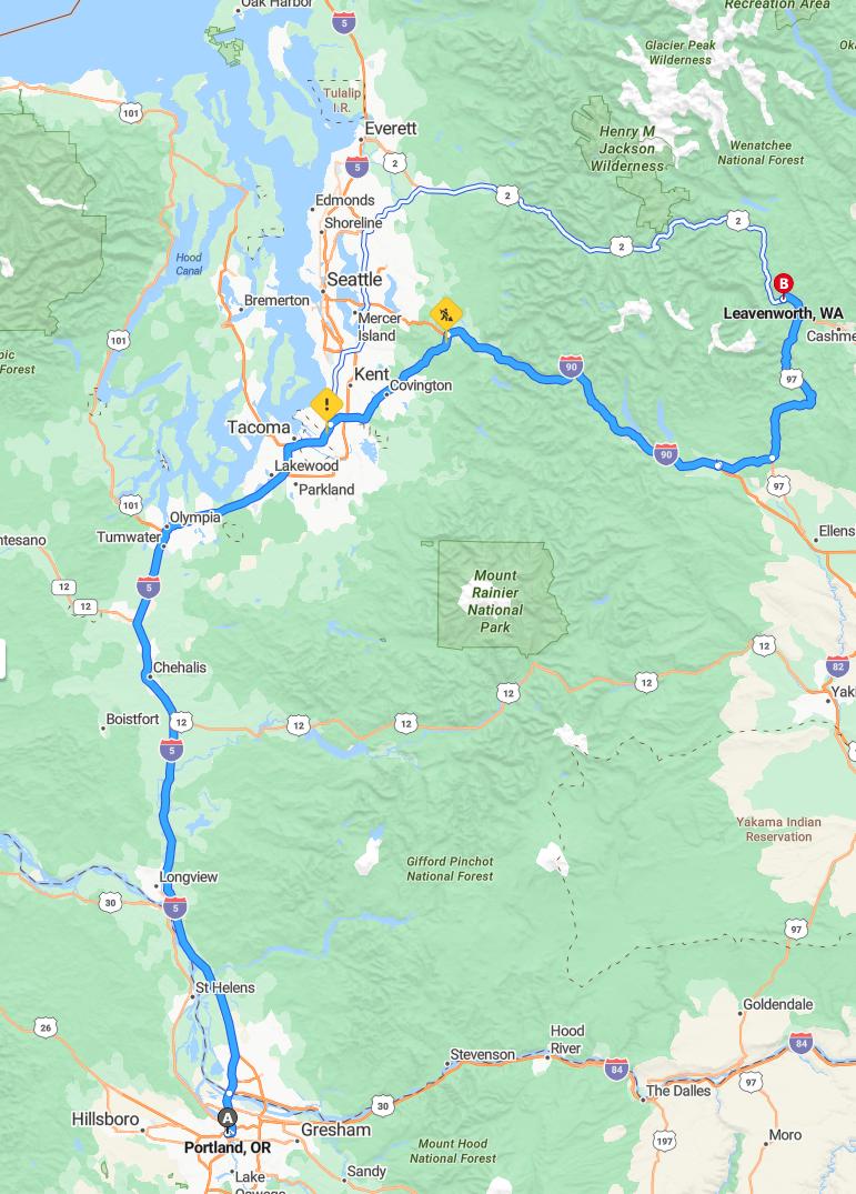 driving from Portland, Oregon to LeavenworthWashington - map and route
