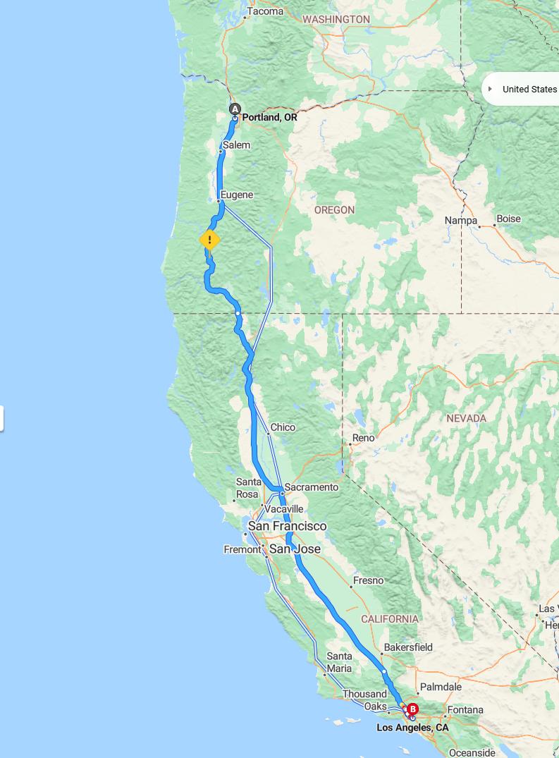 driving from Portland, Oregon to Los AngelesCalifornia - map and route