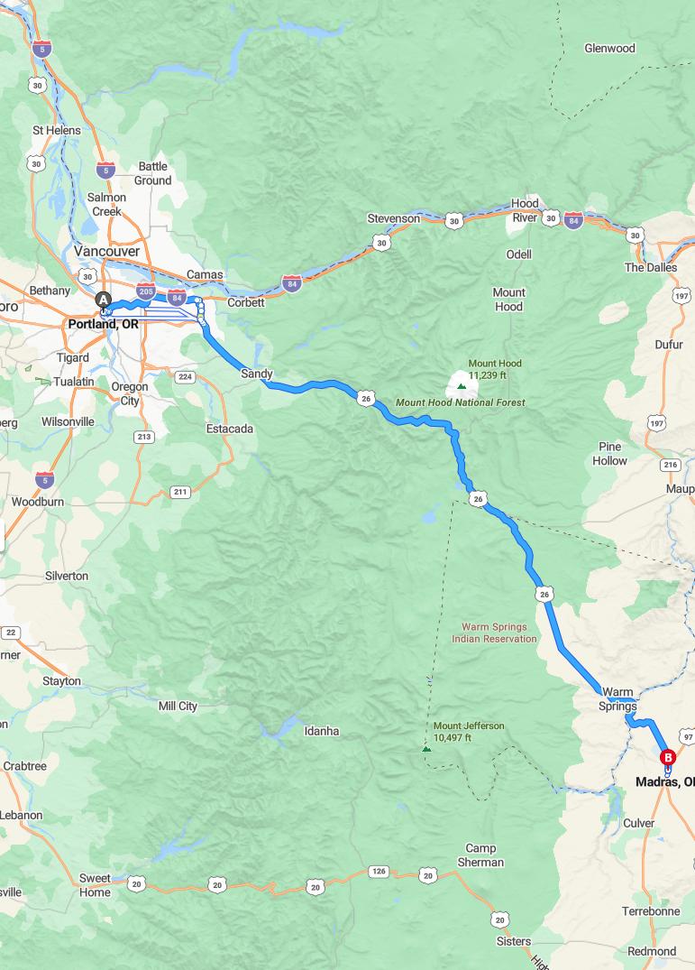 driving from Portland, Oregon to MadrasOregon - map and route