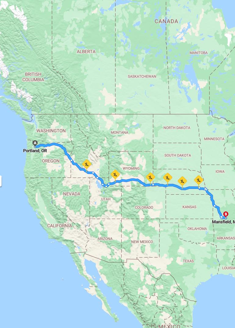 driving from Portland, Oregon to MansfieldMissouri - map and route