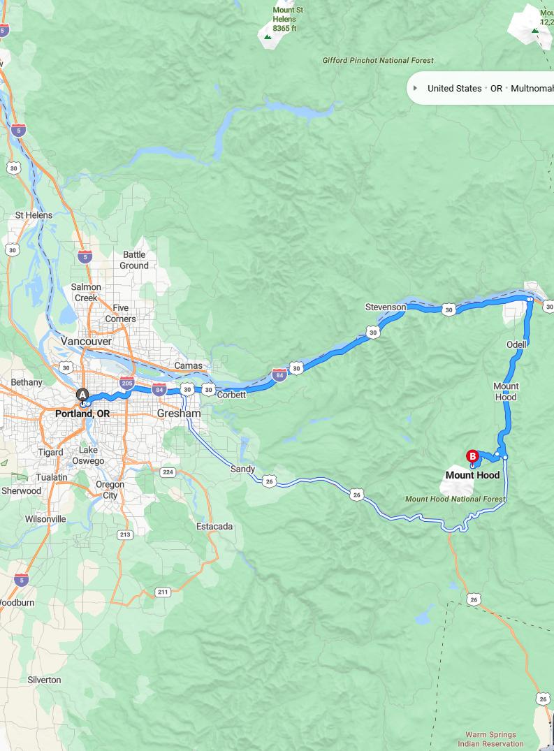 driving from Portland, Oregon to Mount HoodOregon - map and route