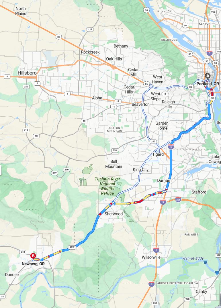 driving from Portland, Oregon to NewbergOregon - map and route