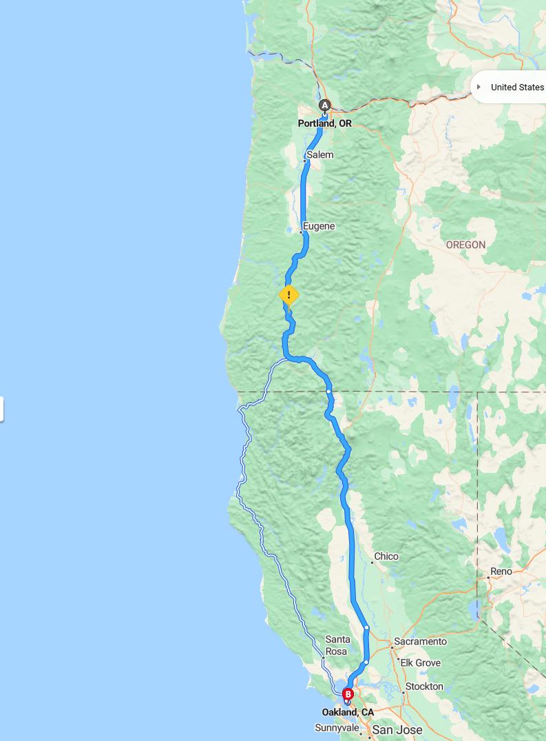 driving from Portland, Oregon to OaklandCalifornia - map and route