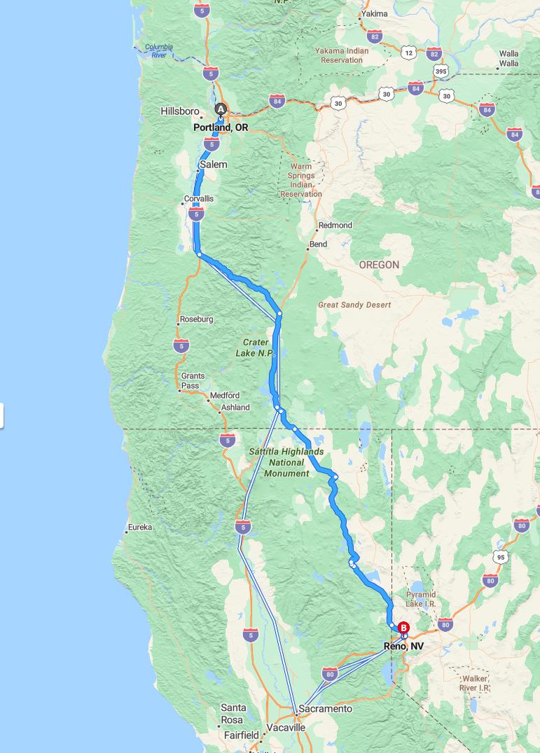 driving from Portland, Oregon to RenoNevada - map and route