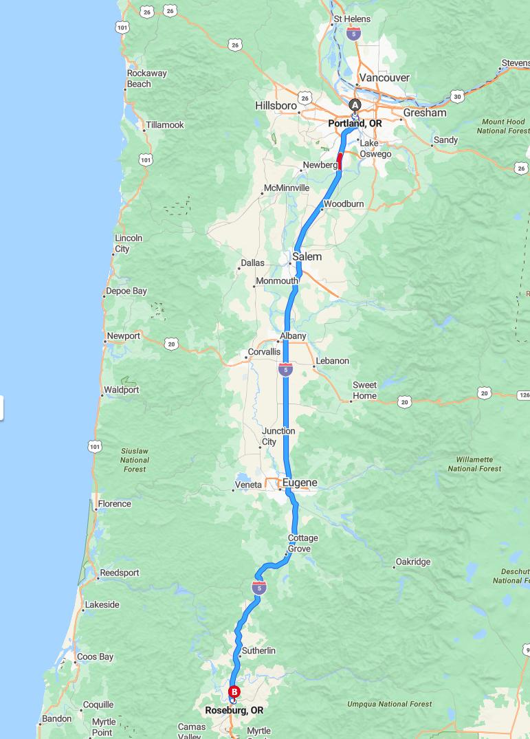 driving from Portland, Oregon to RoseburgOregon - map and route