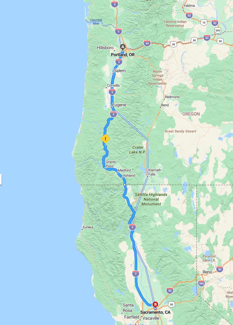 driving from Portland, Oregon to SacramentoCalifornia - map and route