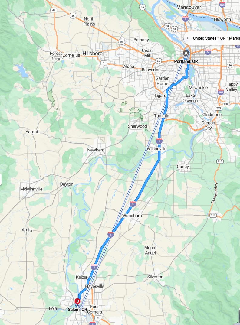 driving from Portland, Oregon to SalemOregon - map and route