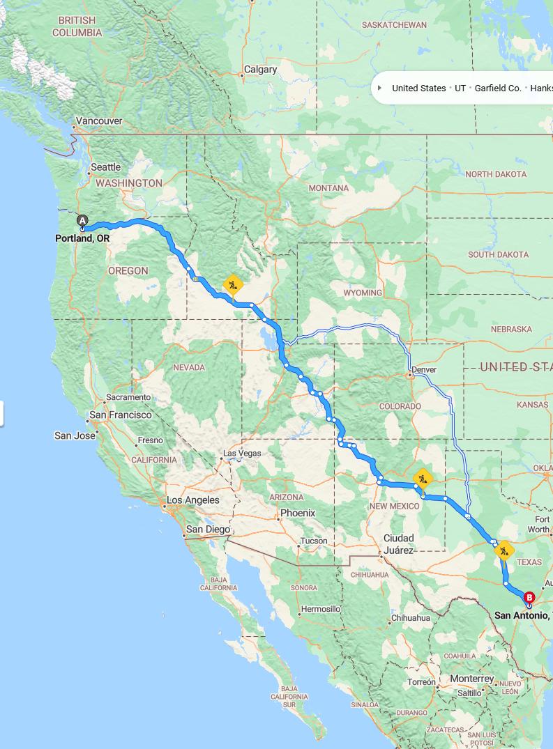 driving from Portland, Oregon to San AntonioTexas - map and route