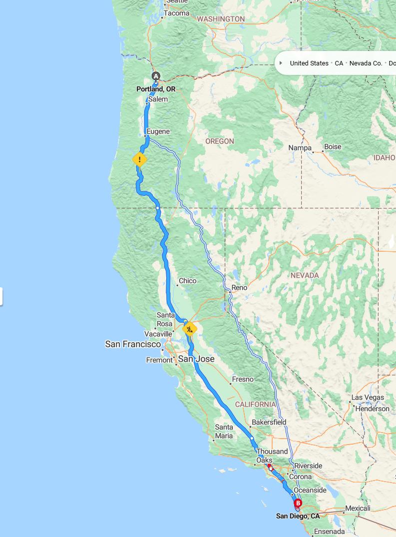 driving from Portland, Oregon to San DiegoCalifornia - map and route