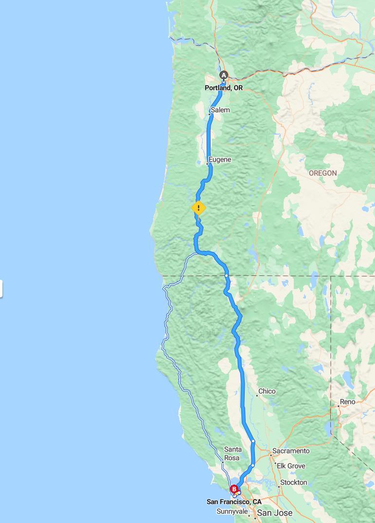 driving from Portland, Oregon to San FranciscoCalifornia - map and route