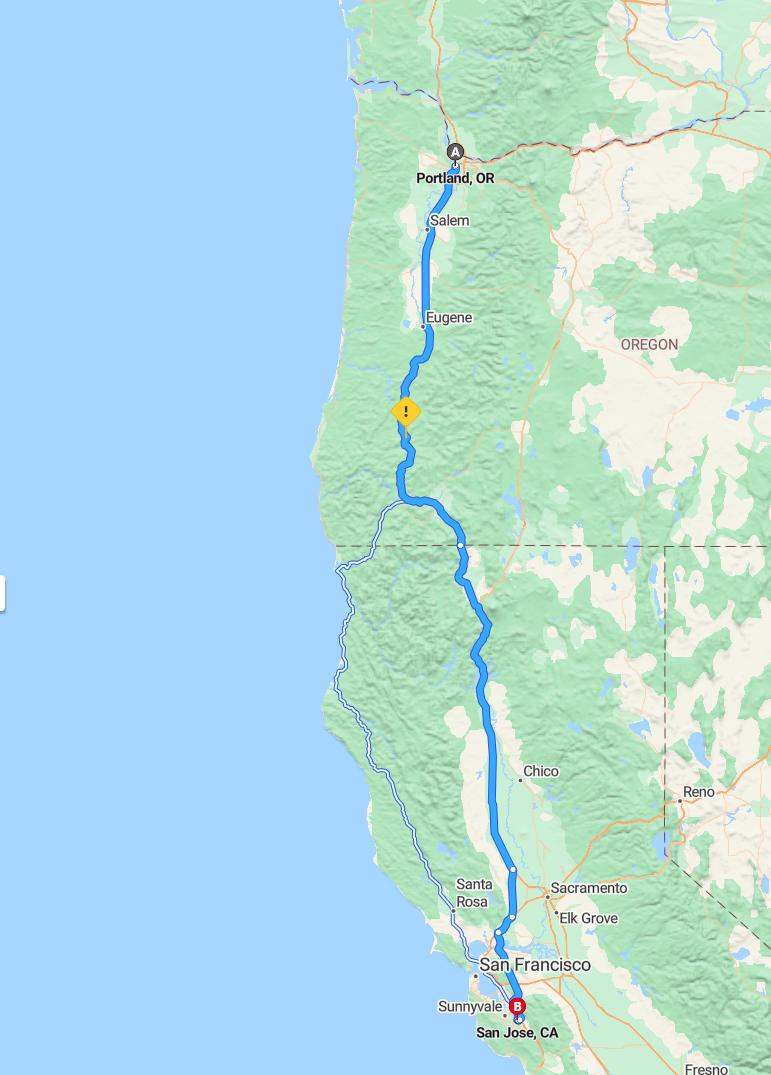 driving from Portland, Oregon to San JoseCalifornia - map and route