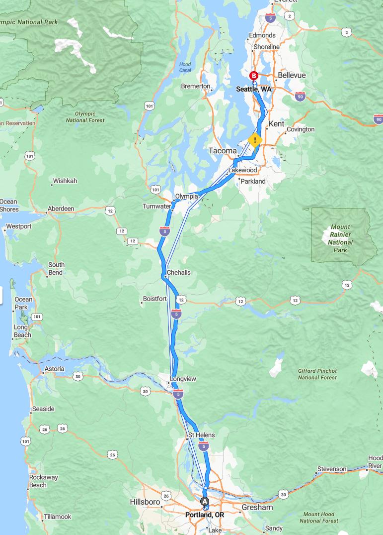 driving from Portland, Oregon to SeattleWashington - map and route