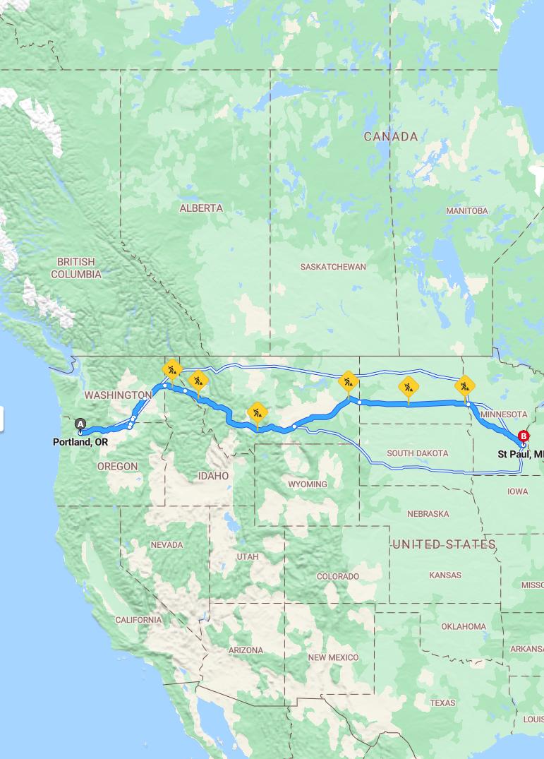 driving from Portland, Oregon to St. PaulMinnesota - map and route