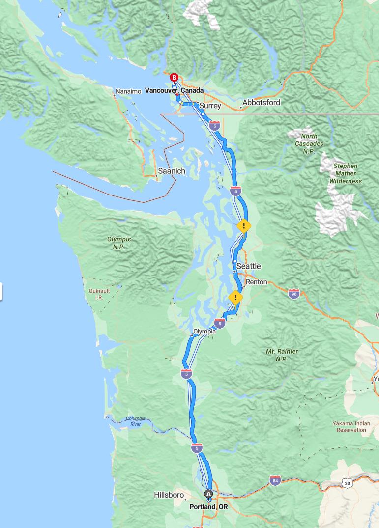 driving from Portland, Oregon to VancouverBritish Columbia - map and route