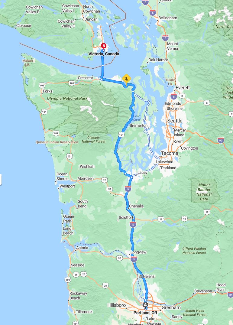 driving from Portland, Oregon to VictoriaBritish Columbia - map and route