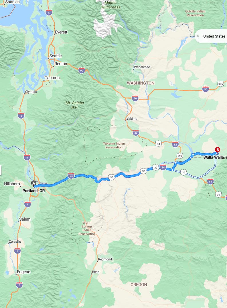 driving from Portland, Oregon to Walla WallaWashington - map and route