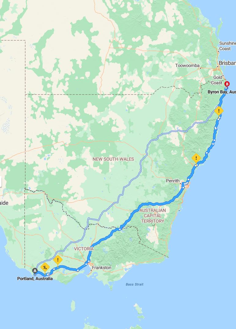 driving from Portland, Victoria to Byron BayNew South Wales - map and route