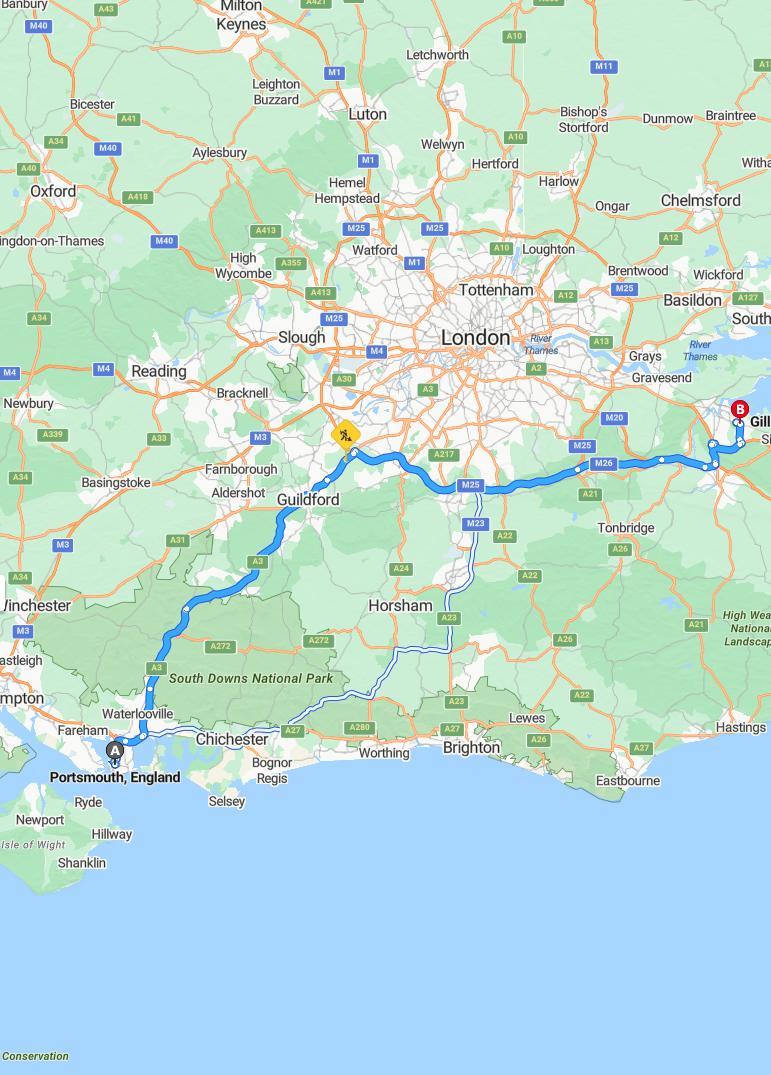 driving from Portsmouth, England to GillinghamEngland - map and route